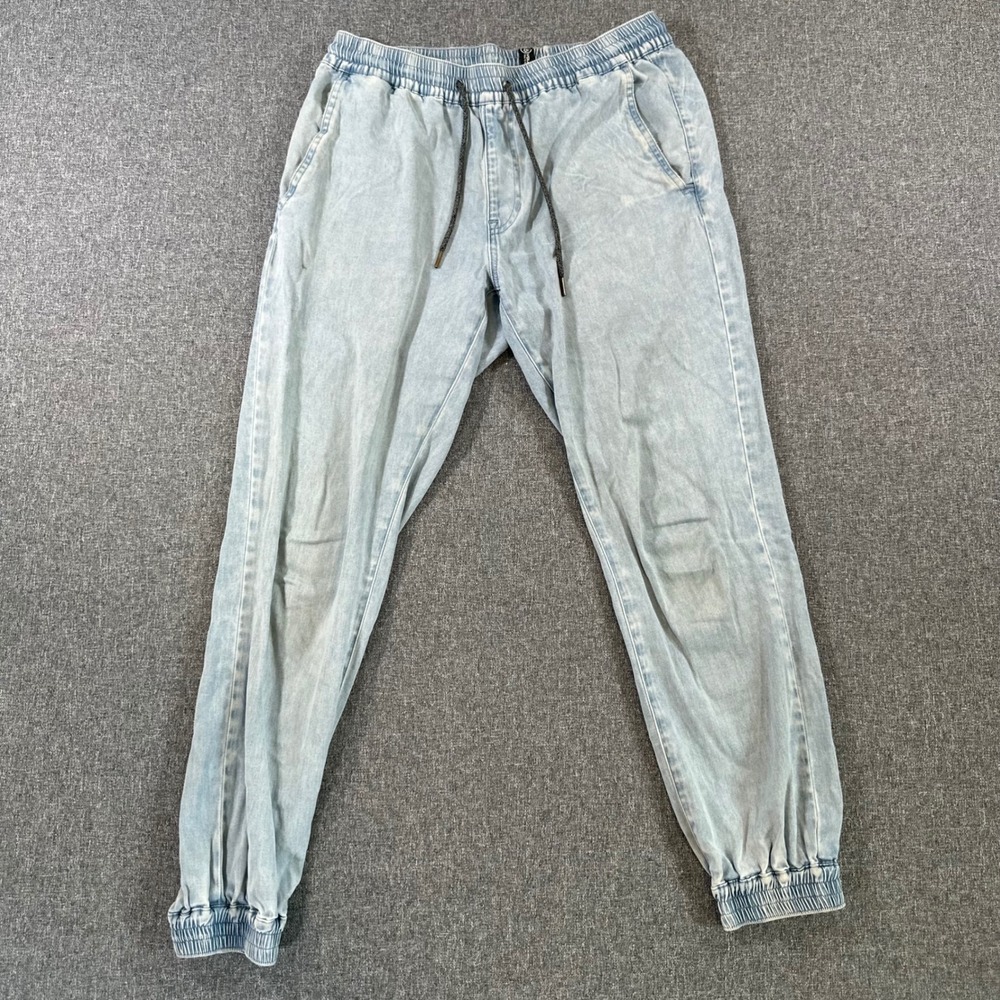 Volcom Mens Denim Joggers Light Wash Acid Fade Elastic Waist Size Medium #1027